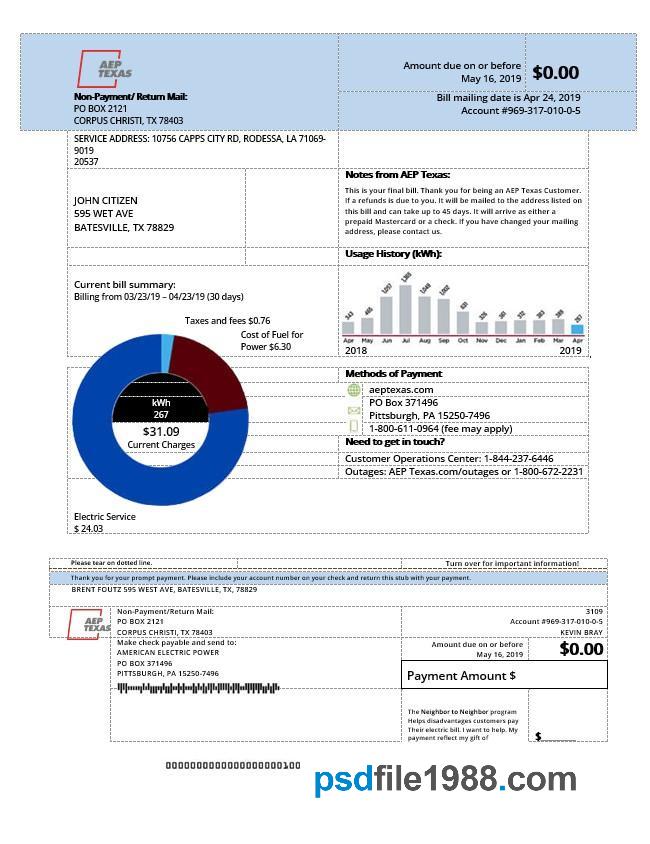 USA AEP Texas Electricity Utility Bill